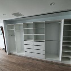 BIR using White HMR Melamine with open drawer fronts, shelving and long, 3/4 and double hang