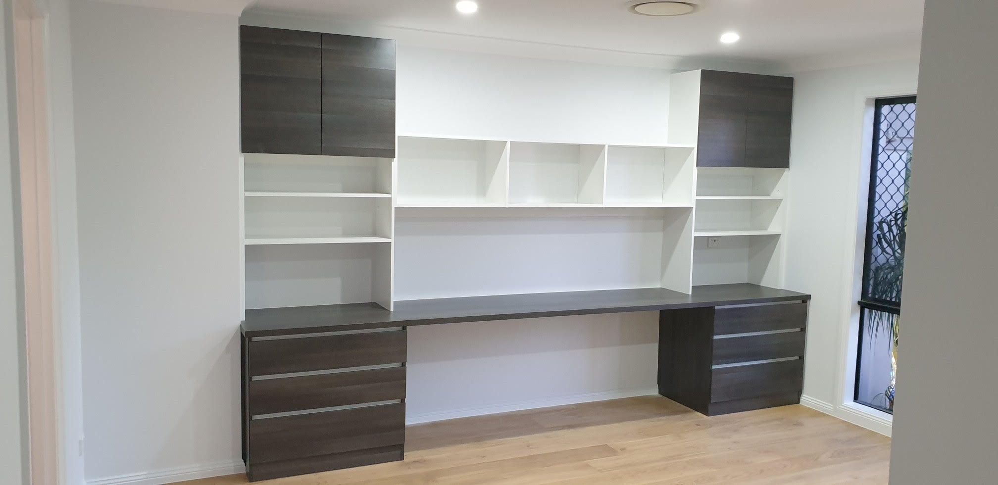 Study desk for child's bedroom using White HMR Melamine & Polytec "Char oak matt". 33mm post form desk top