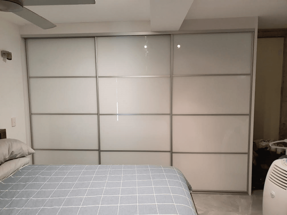 1 set of 3 fully framed Shoji sliding doors. 4mm pure white glass with Dias Satin Silver trims & triple track