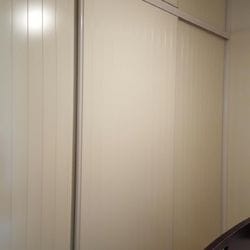 2 sets of 3 fully framed sliding doors. 2 pack painted VJ panels. Dias Almond Ivory aluminum trims & tracks