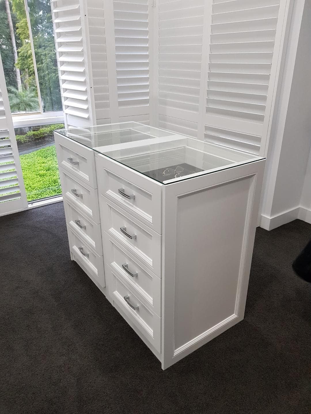 2 pack painted island with profile drawer fronts, 6mm toughened clear glass top and jewellery tray inserts