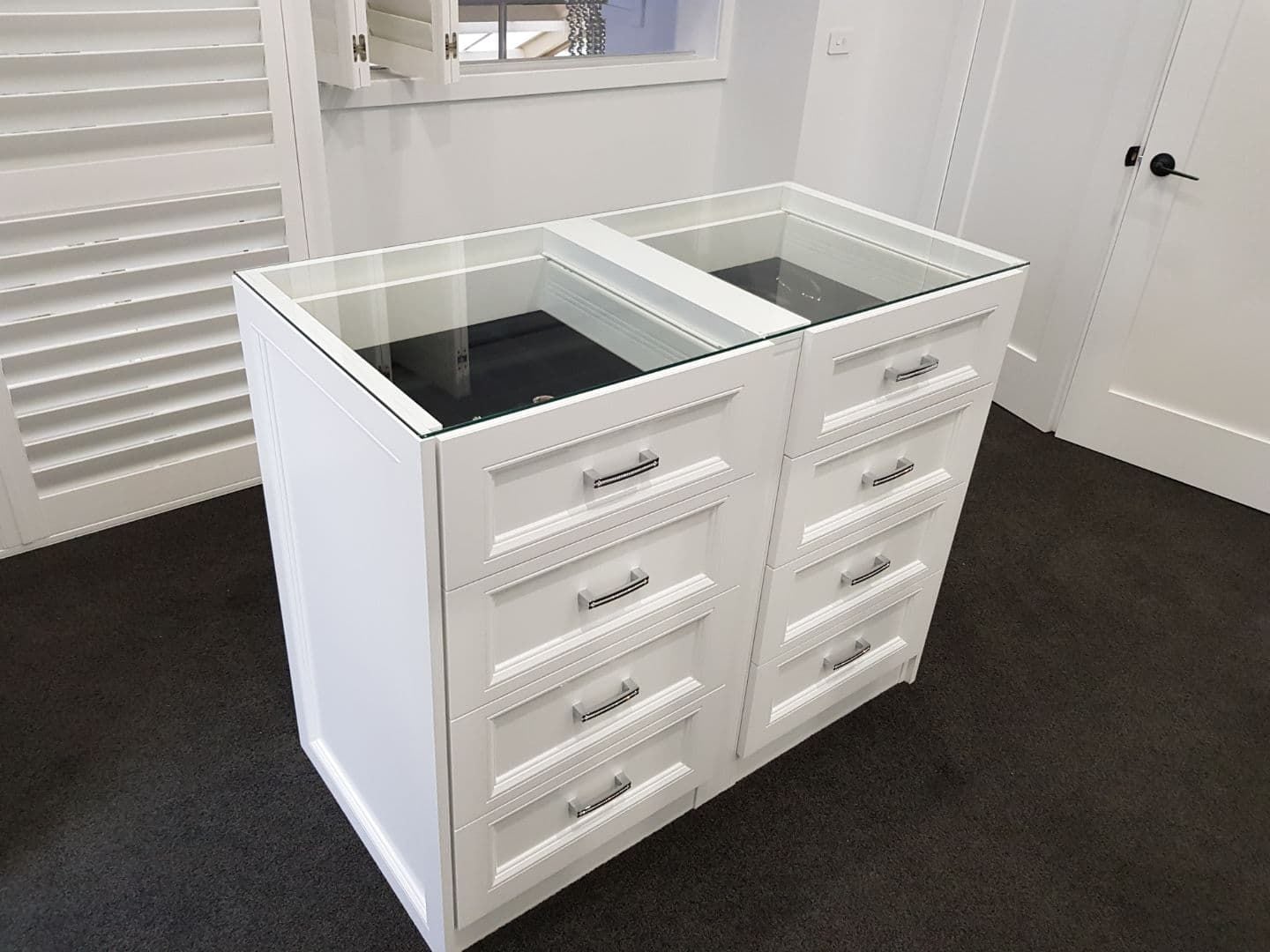 2 pack painted island with profile drawer fronts, 6mm toughened clear glass top and jewellery tray inserts