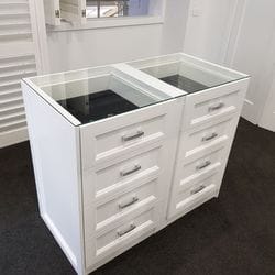 2 pack painted island with profile drawer fronts, 6mm toughened clear glass top and jewellery tray inserts