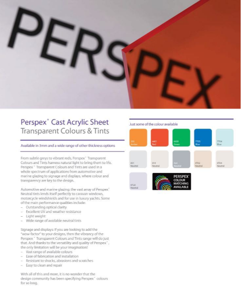 Holland Perspex® Transparent Colours & Tints Cast Acrylic Sheet Guide