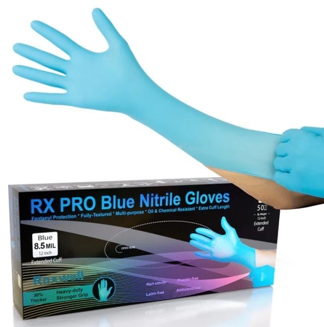 Raxwell RX PRO Blue Nitrile Gloves 12" Extended Cuff 8.5mil-Size S,M,L,XL-50/box Raxwell RX PRO Blue Nitrile Gloves 12" Extended Cuff 8.5mil-Size S,M,L,XL-50/box