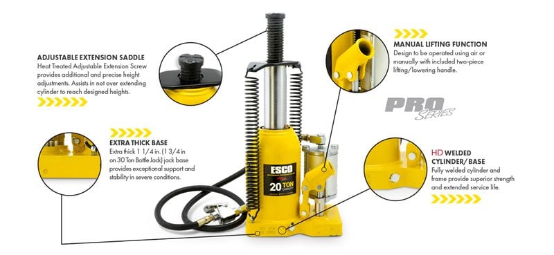 ESCO Pro Series 20 Ton Air Hydraulic Bottle Jack