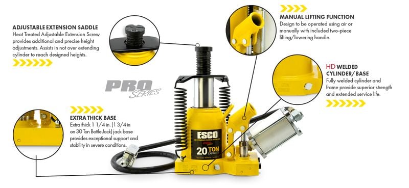 ESCO Pro Series 20 Ton “Shorty” Air Hydraulic Bottle Jack
