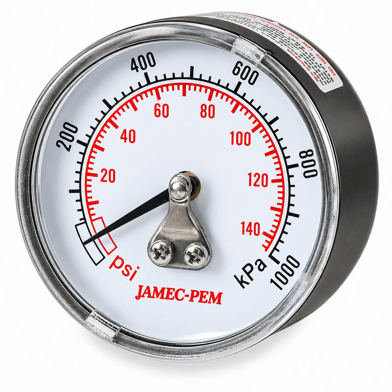 Jamec Pem Rear Entry Dial Pressure Gauge &ndash; 0&ndash;150 PSI / 0&ndash;1000 kPa &ndash; 50mm