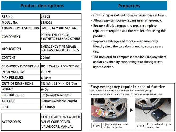 Maruni Emergency Flat Tyre Repair & Inflation Kit (ETSK-02) – Made in Japan
