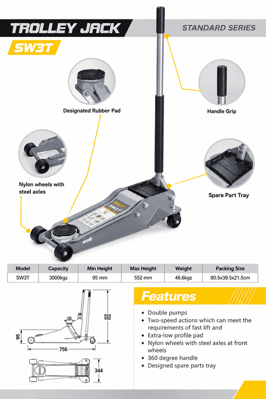 Snit Professional Trolley Jack – 3 Tonne – 95mm to 550mm