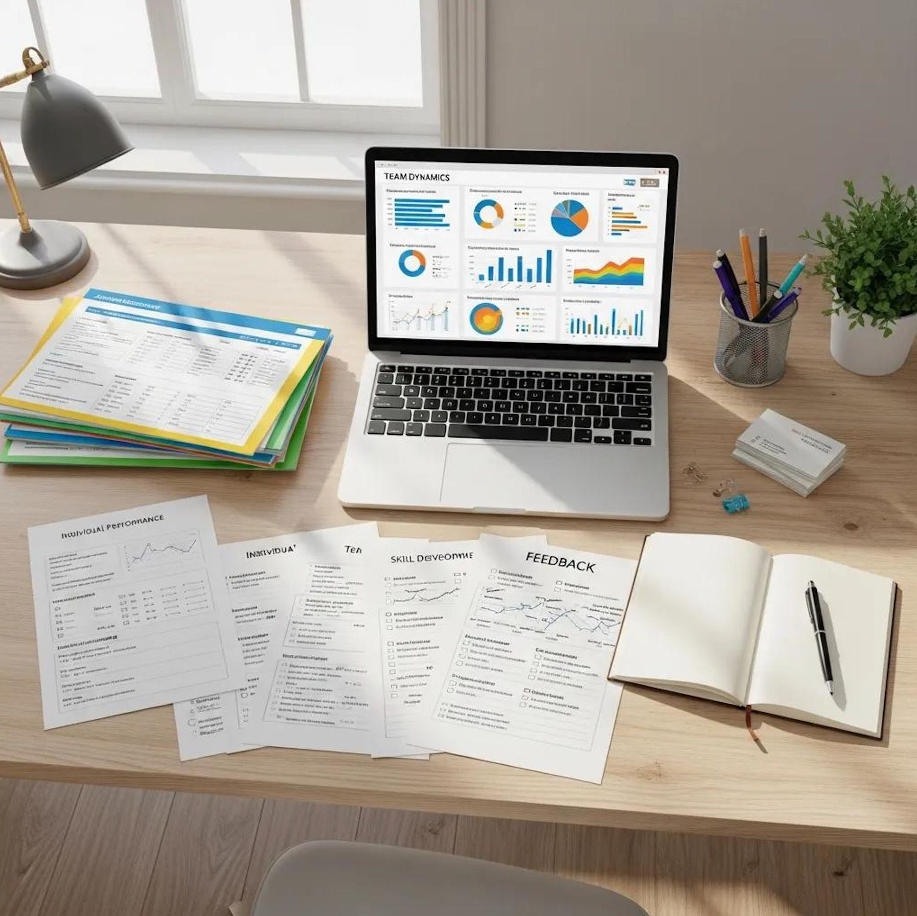 Desk scene showing team assessment forms, feedback reports and workshop notes