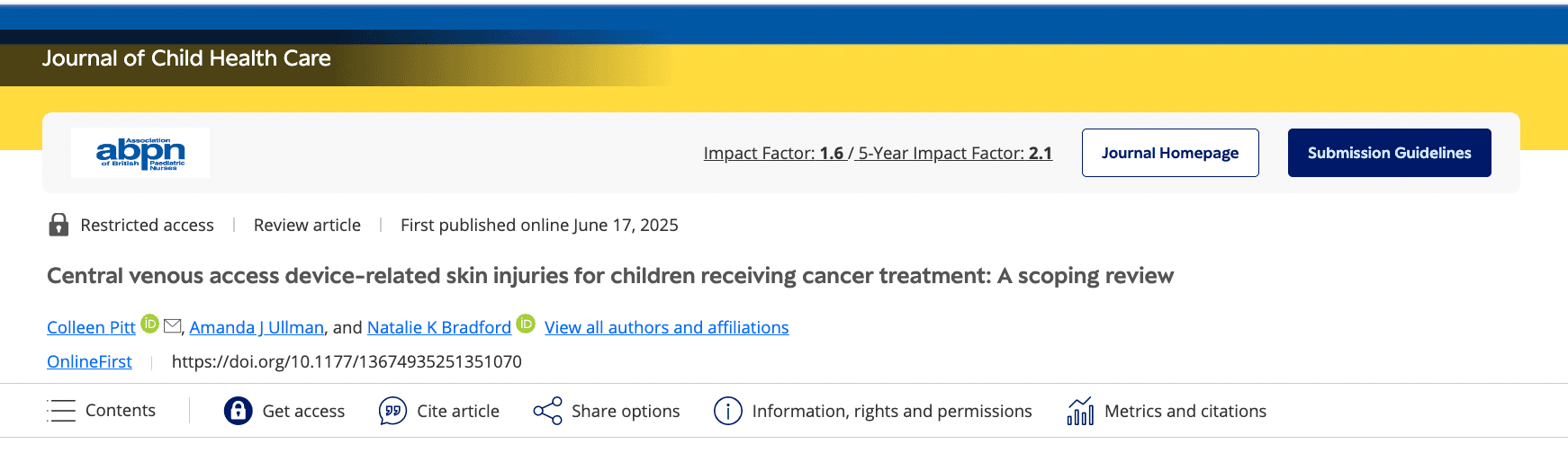CVAD-Related Skin Injuries in Children With Cancer: A Scoping Review