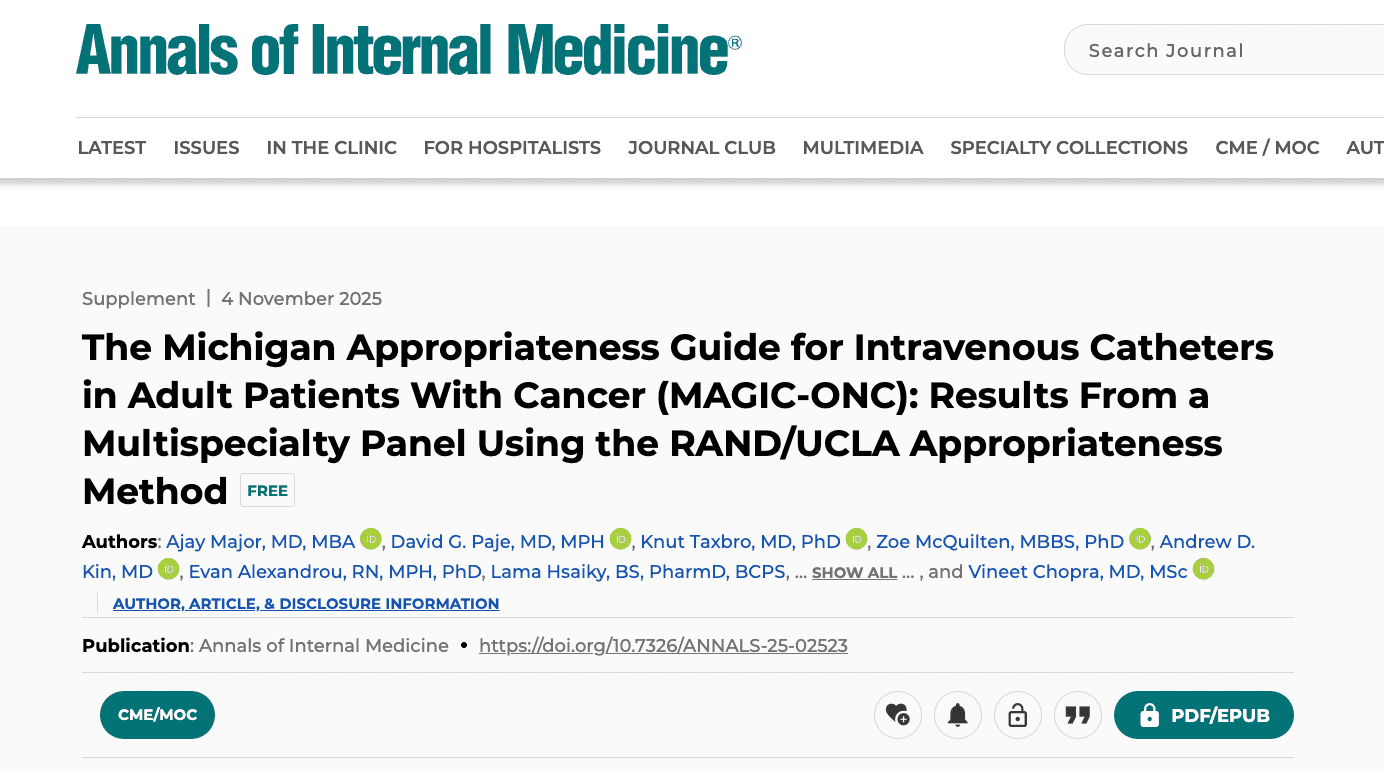 The Michigan Appropriateness Guide for IV Catheters in Adult Cancer (MAGIC-ONC) — Guideline Snapshot