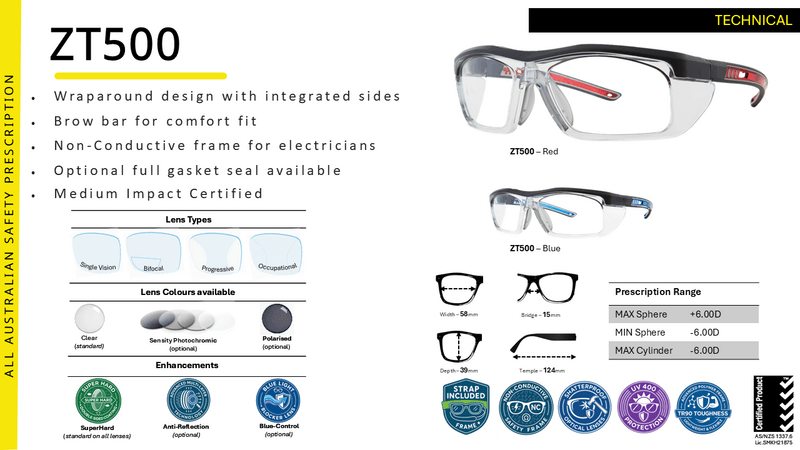 PENTAX ZT500 (with foam brow bar & temple tip elastic head strap) Prescription Safety Glasses