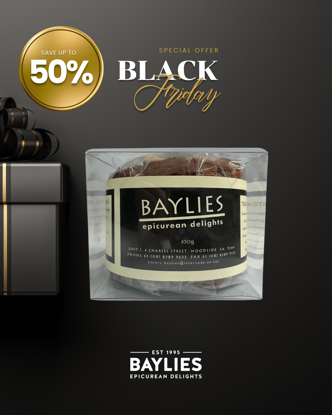 Baylies Christmas Cake 450g in Clear Box