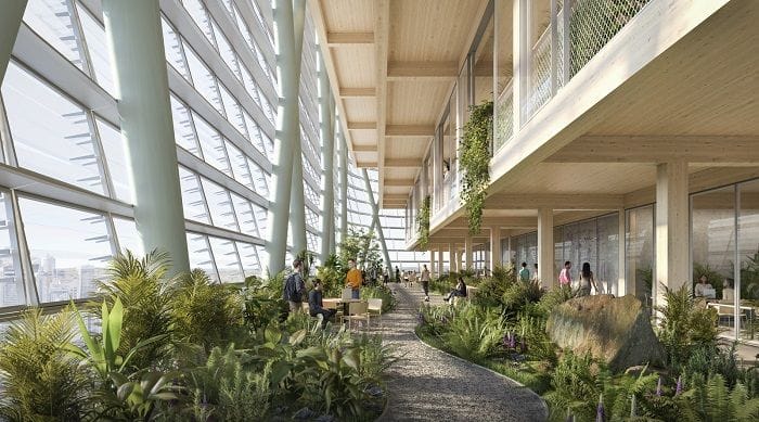 The novel use of mass timber in combination with open garden spaces allow for a diminished ecological footprint, with the project's façade reportedly set to reduce carbon emissions by 50 per cent over 10 years, according to the project's architects.