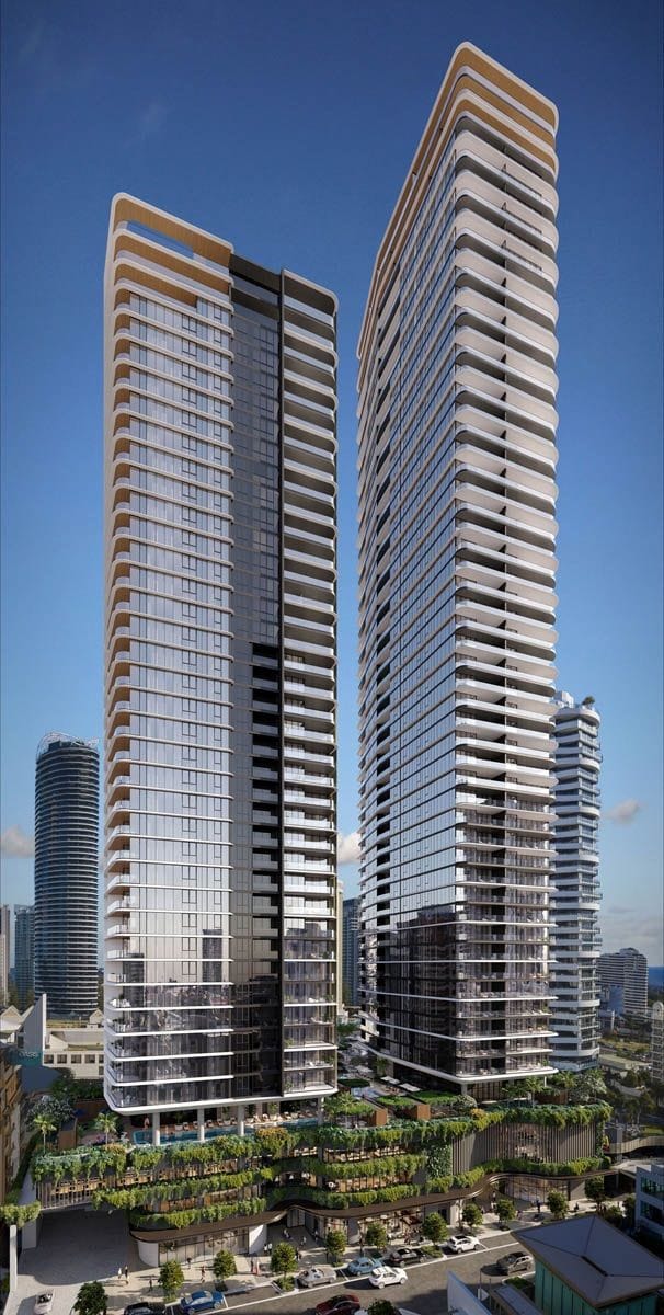 A render of the two luxury apartment towers planned for the Niecon Plaza site.
