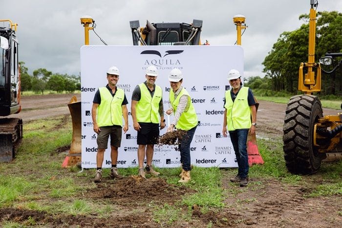Fraser Coast Regional Council Mayor George Seymour breaking ground on the project with (L-R) VFR Projects partners Victor Stark, Justin Miller and Russel Segal.