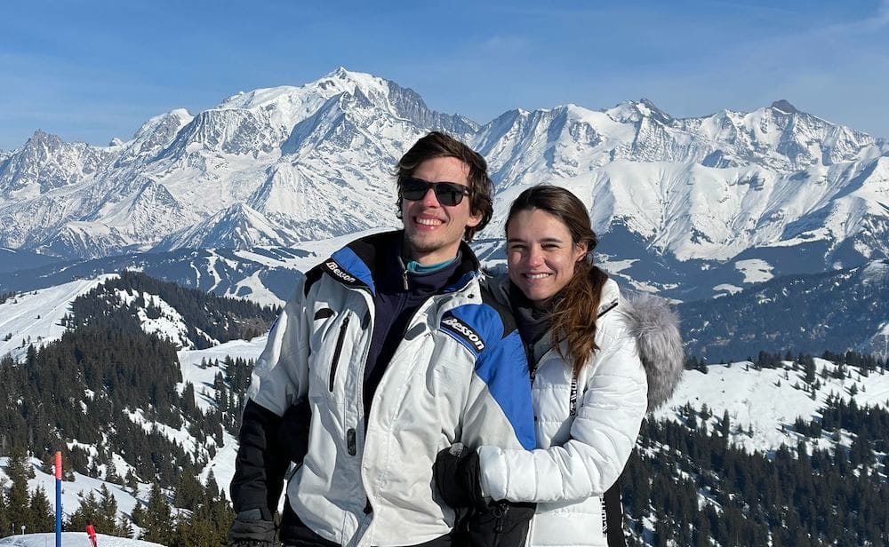 Bertrand Caron and Camille Socquet-Clerc skiing in the French Alps. 