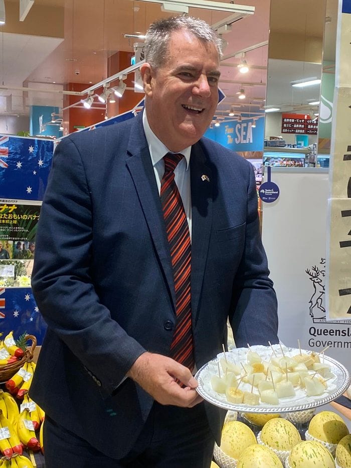 Queensland Minister for Agricultural Industry Development and Fisheries, Mark Furner, with Emperor's Pearl melons.