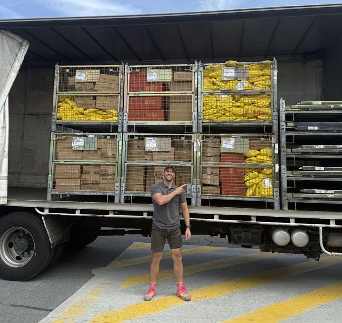 Mike Kellett with a shipment of Macro Mike products.