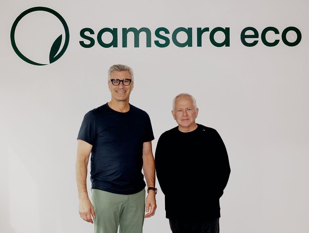 Samsara Eco founder Paul Riley (right) with lululemon chief supply chain officer Ted Dagnese (right).