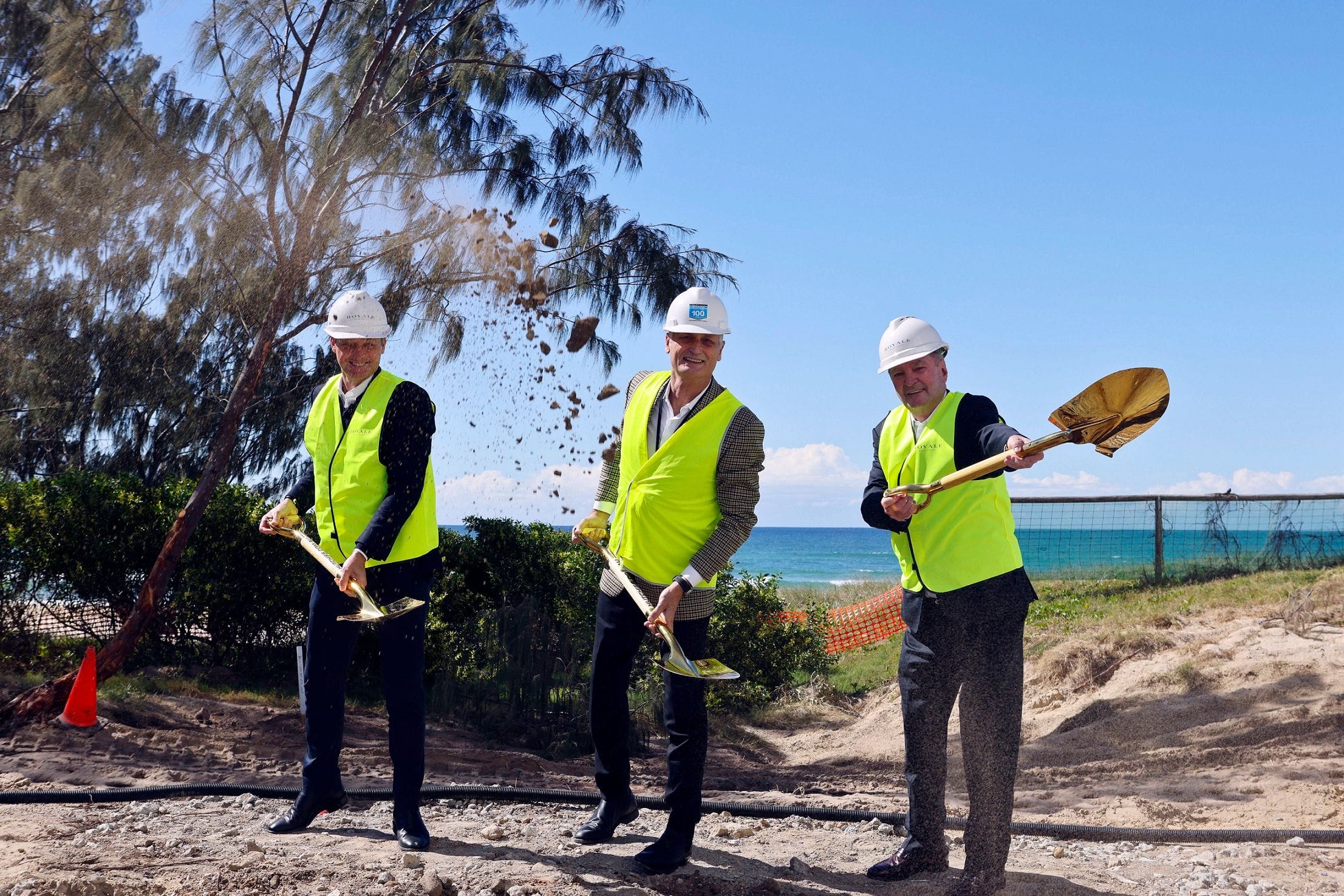 Marketing manager Adrian Parsons (from left), Hutchinson Builders’ chairman Scott Hutchinson and David Devine officially launch construction of the $400 million Royale Gold Coast project.