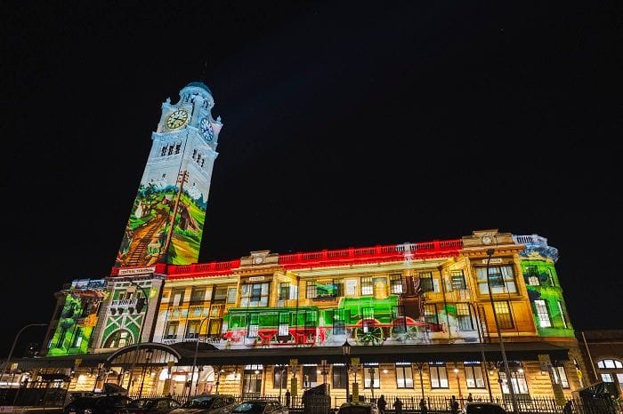 Artworks projected onto Central Station. Photo credit: Destination NSW.