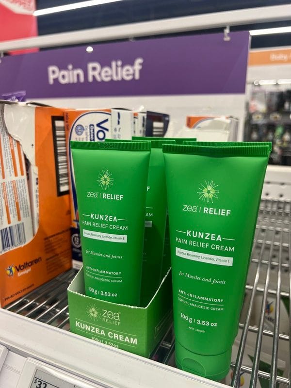 Zea Relief's pain relief cream on Woolworths shelves.