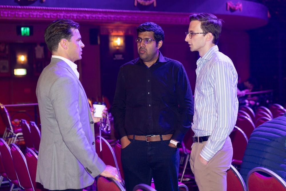 Yazz Krishna (centre) with former Entrepreneur in Residence, Angus McLachlan (left) of Bopple, and Bailey Wallace (right) of the QIC. 