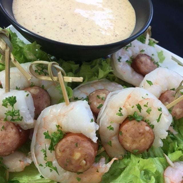 Prawn & Kransky kebabs