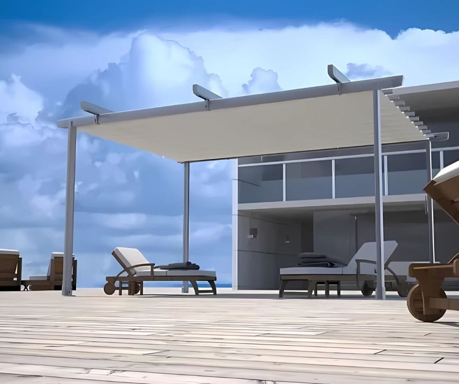 Retractable Roofing Awning | Surya | Poolside Surya Retractable Roofing Awnings look great poolside freestanding or attached to a wall. Manual operation with range of colours