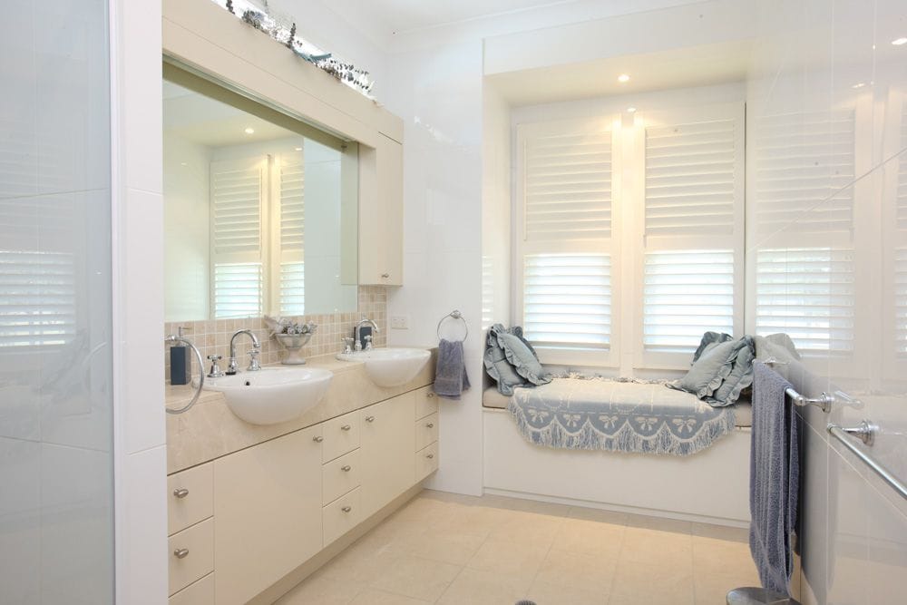 Bathroom with Australian Made PVC shutters - Retailed by Premier Shades Central Coast