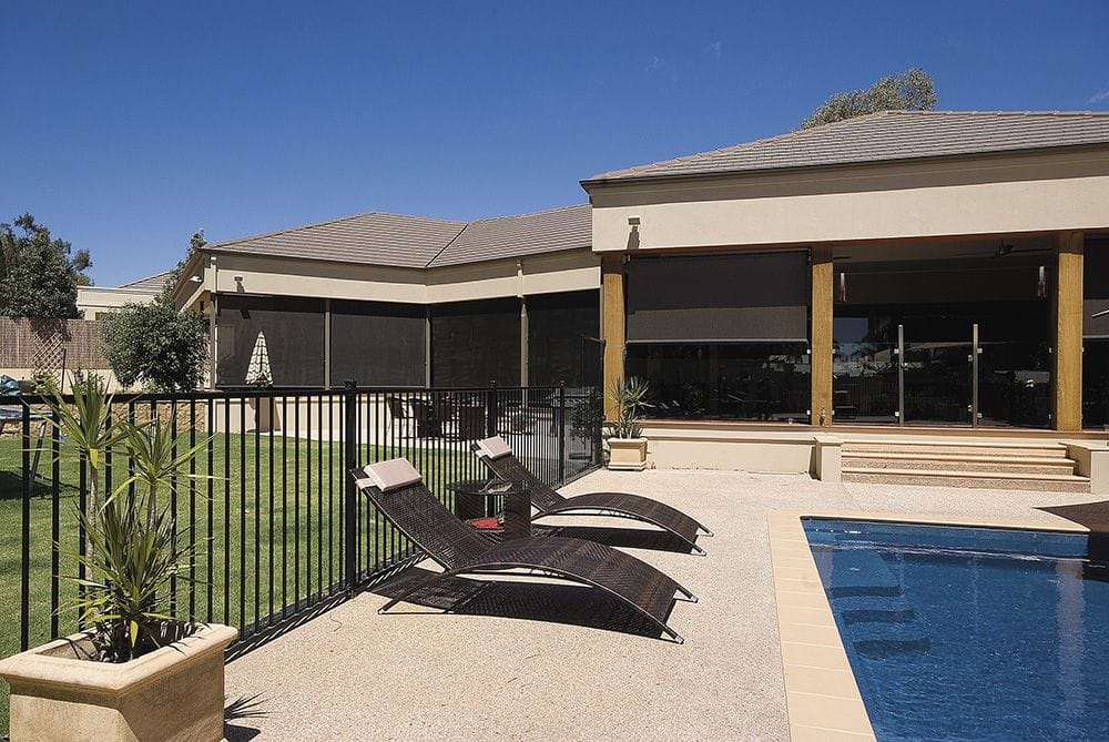 Spring Loaded Straight Drop Verandah Awning in Outdoor Pool Area