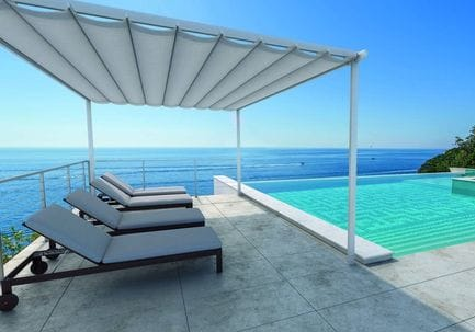 Surya Retractable Roofing Awnings look great poolside freestanding or attached to a wall. Manual operation with range of colours