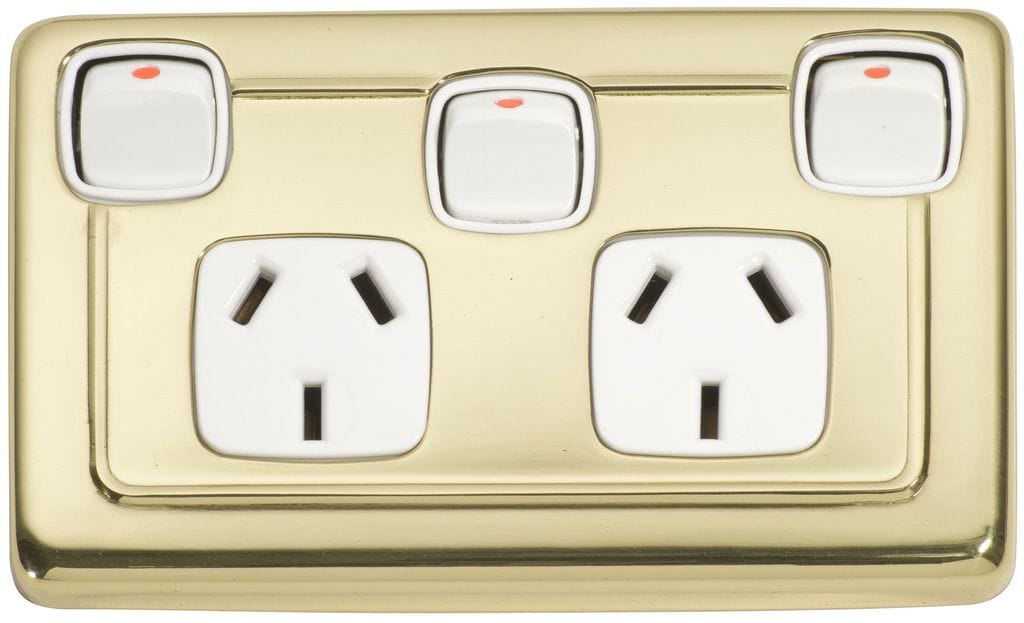 Double Power Point with Extra Switch Polished Brass/White