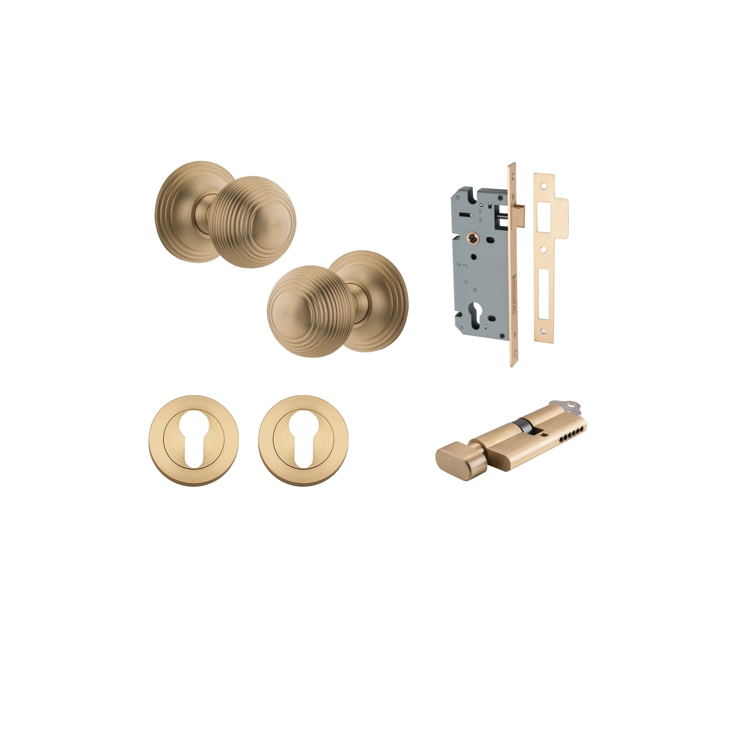 Guildford Knob on Rose Brushed Brass Entrance Kit - Key/Thumb Turn