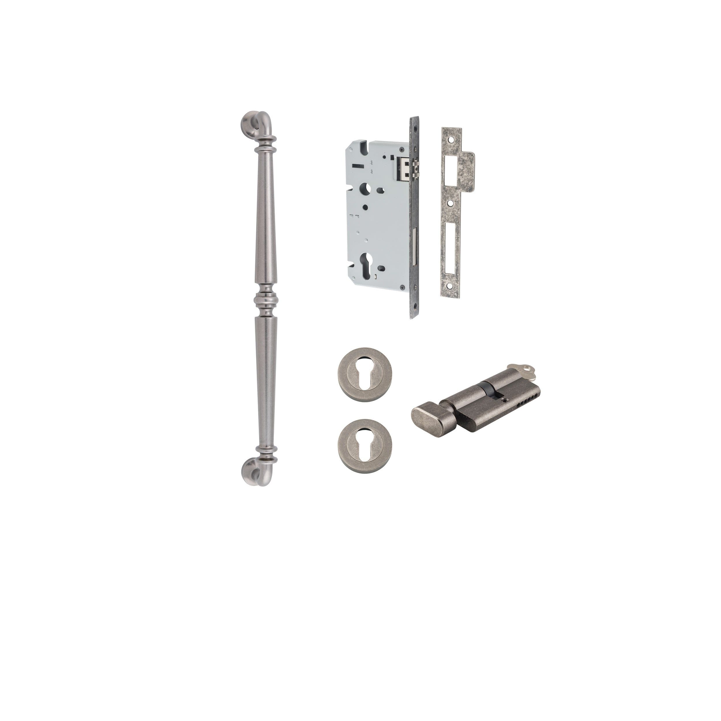 Sarlat Pull Handle Distressed Nickel 450mm Entrance Kit - Key/Thumb Turn