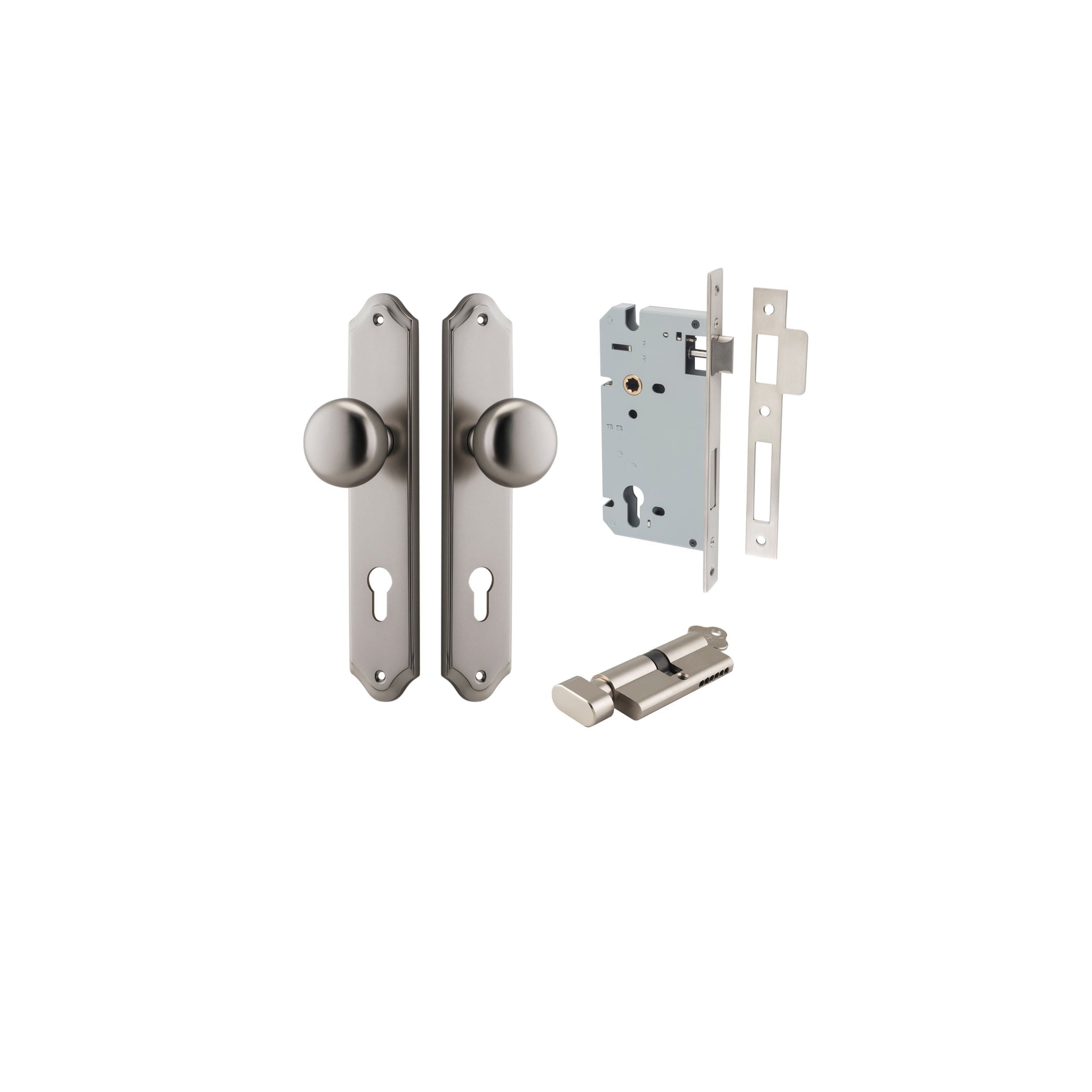 Cambridge Knob Shouldered Satin Nickel Entrance Kit - Key/Thumb Turn
