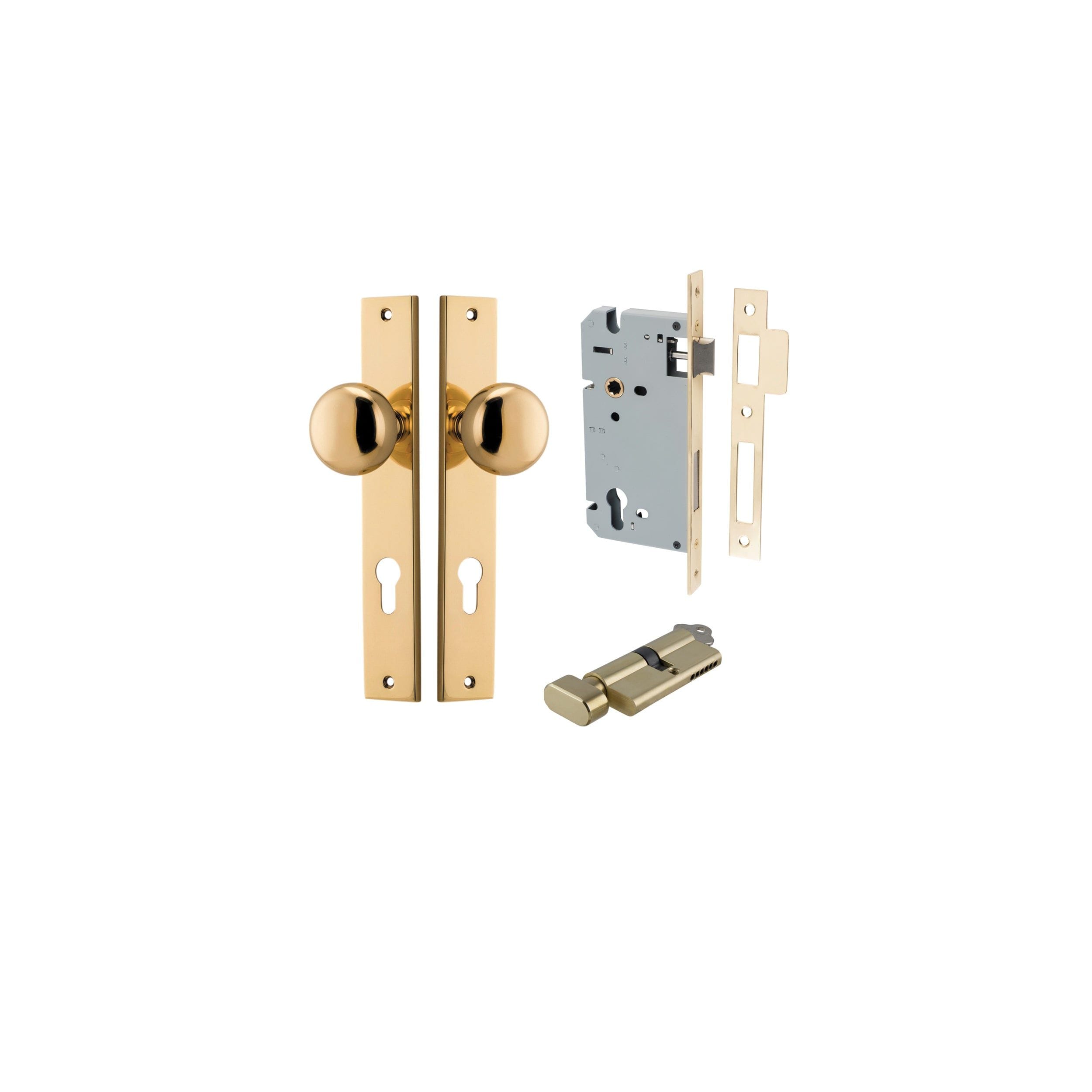 Cambridge Knob Rectangular Polished Brass Entrance Kit - Key/Thumb Turn