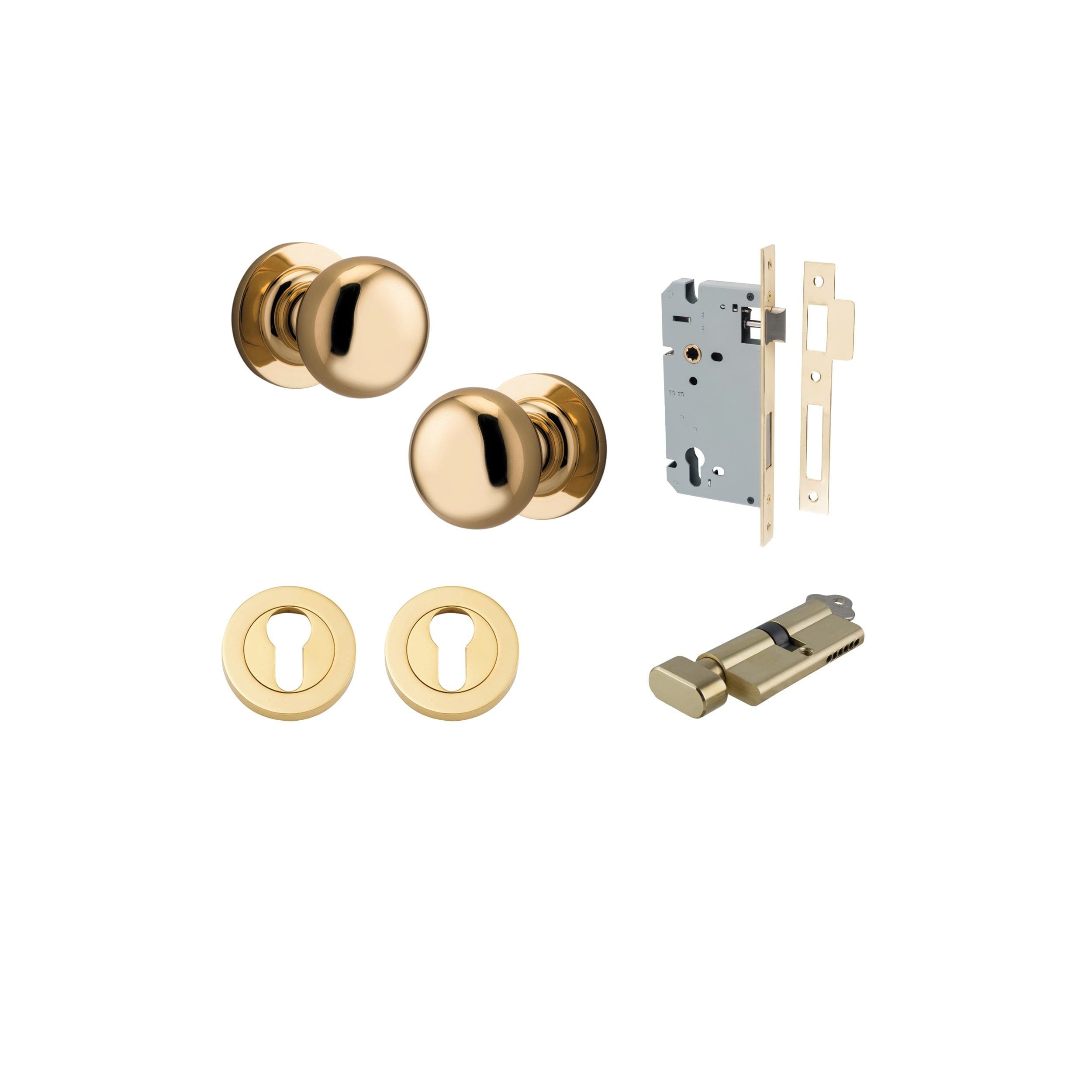 Cambridge Knob on Rose Polished Brass Entrance Kit - Key/Thumb Turn