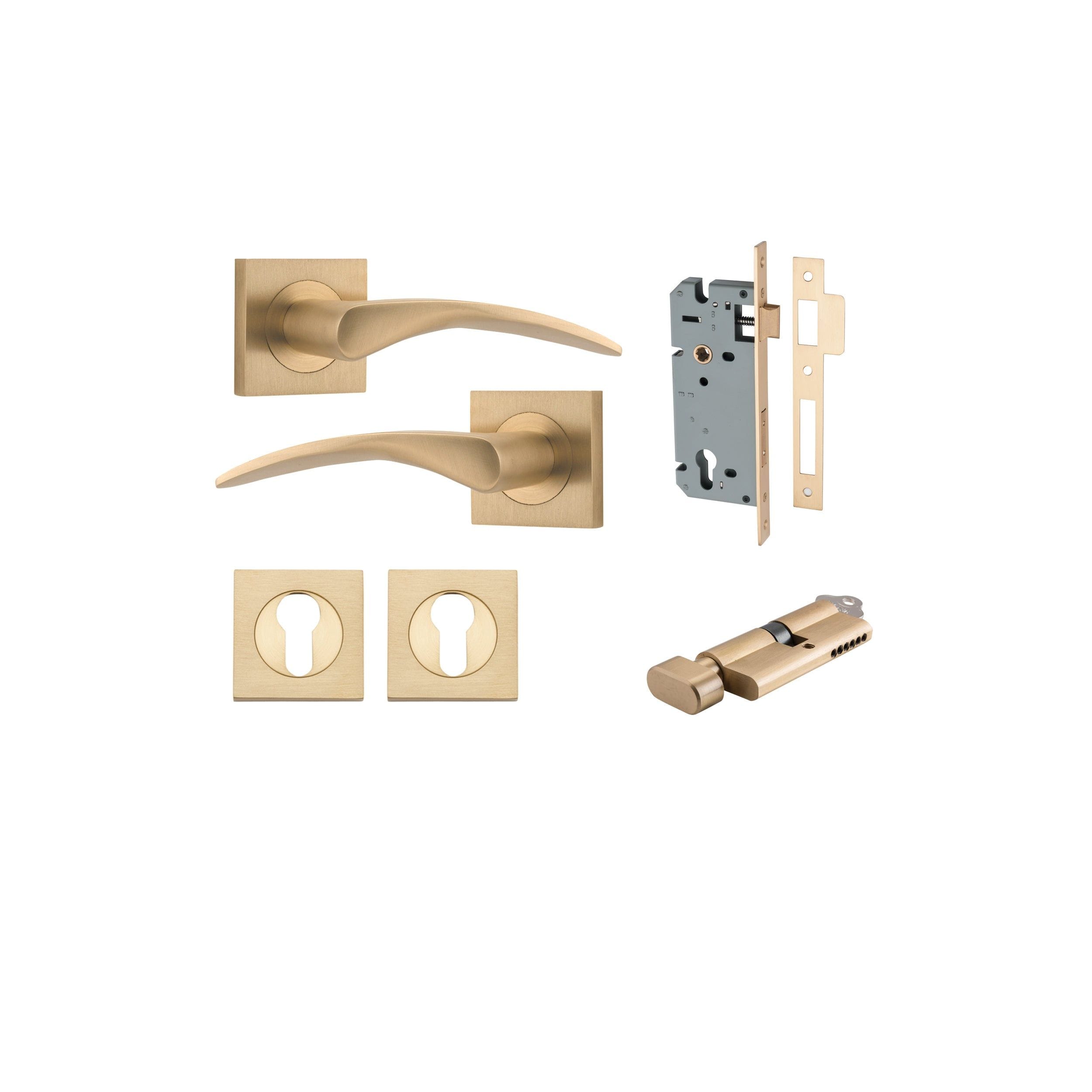 Oxford Lever on Square Rose Brushed Brass Entrance Kit - Key/Thumb Turn