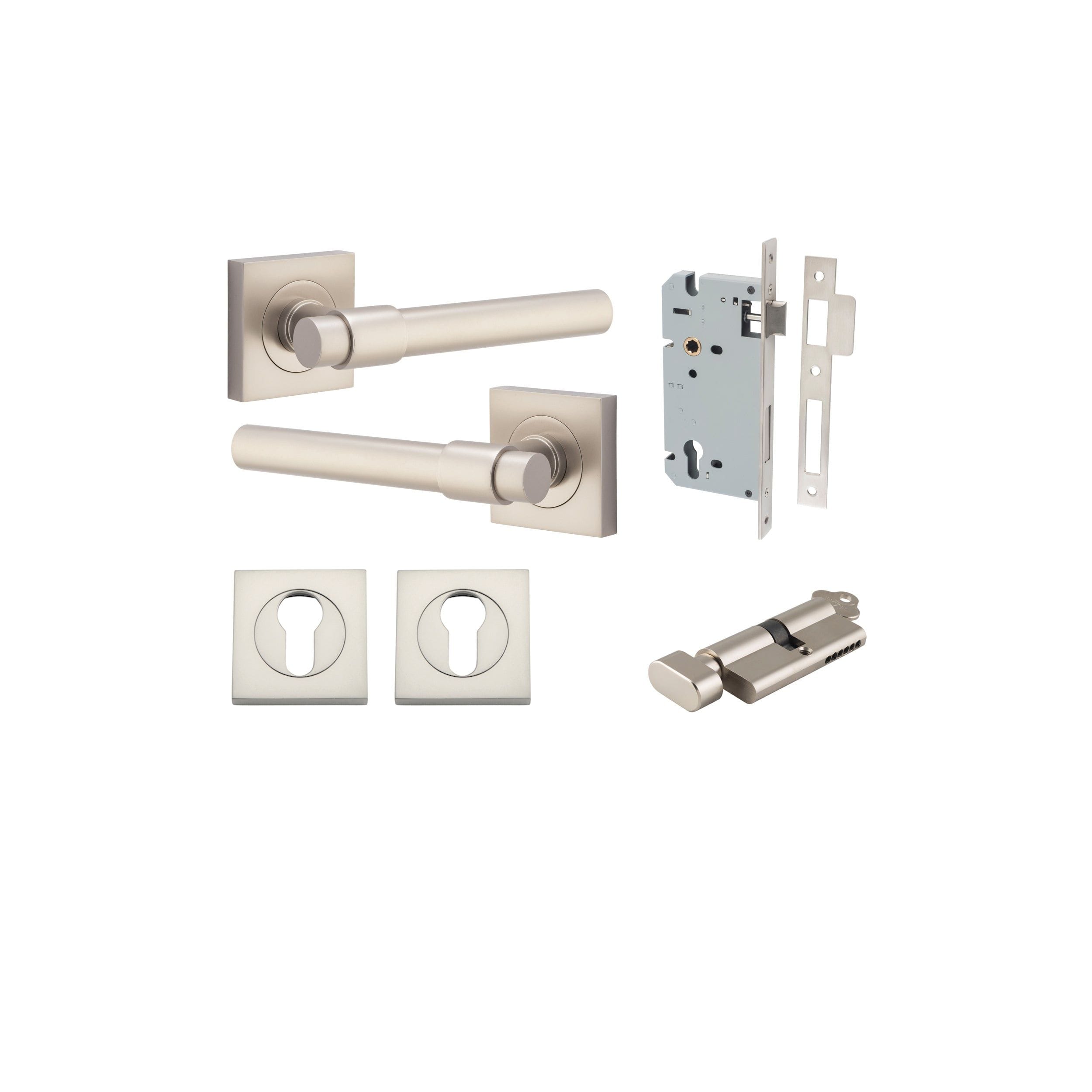 Helsinki Lever on Square Rose Satin Nickel Entrance Kit - Key/Thumb Turn