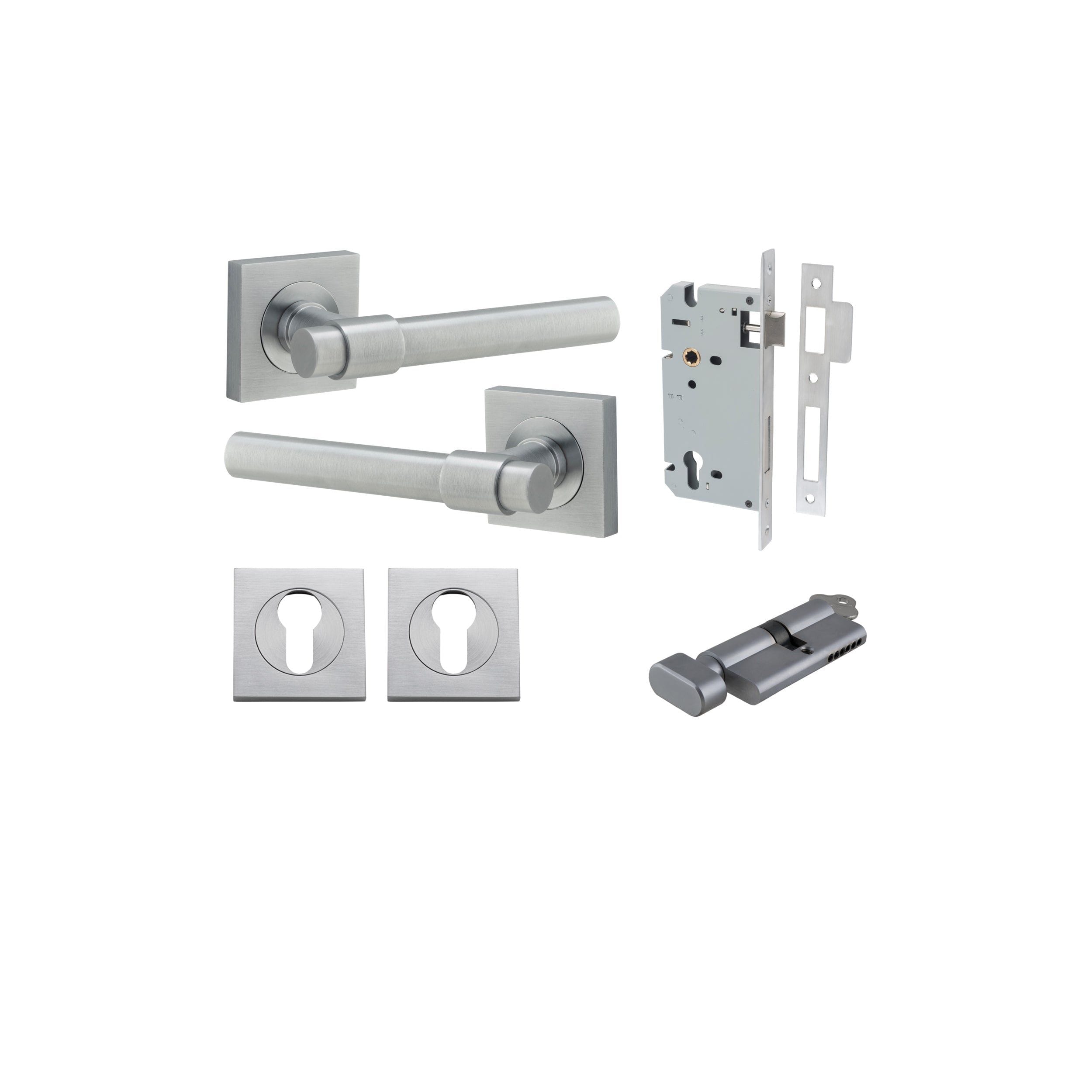 Helsinki Lever on Square Rose Brushed Chrome Entrance Kit - Key/Thumb Turn