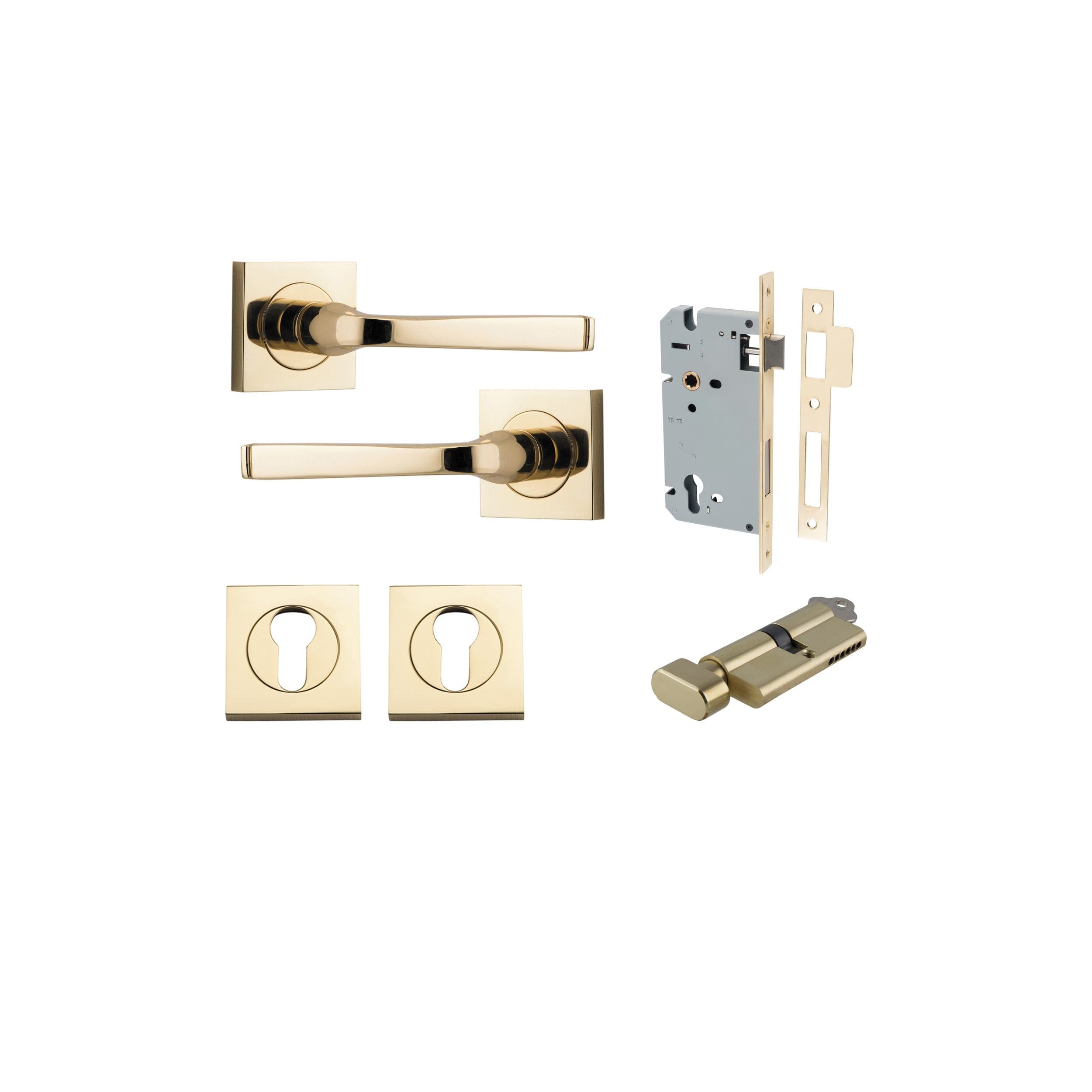 Annecy Lever on Square Rose Polished Brass Entrance Kit - Key/Thumb Turn