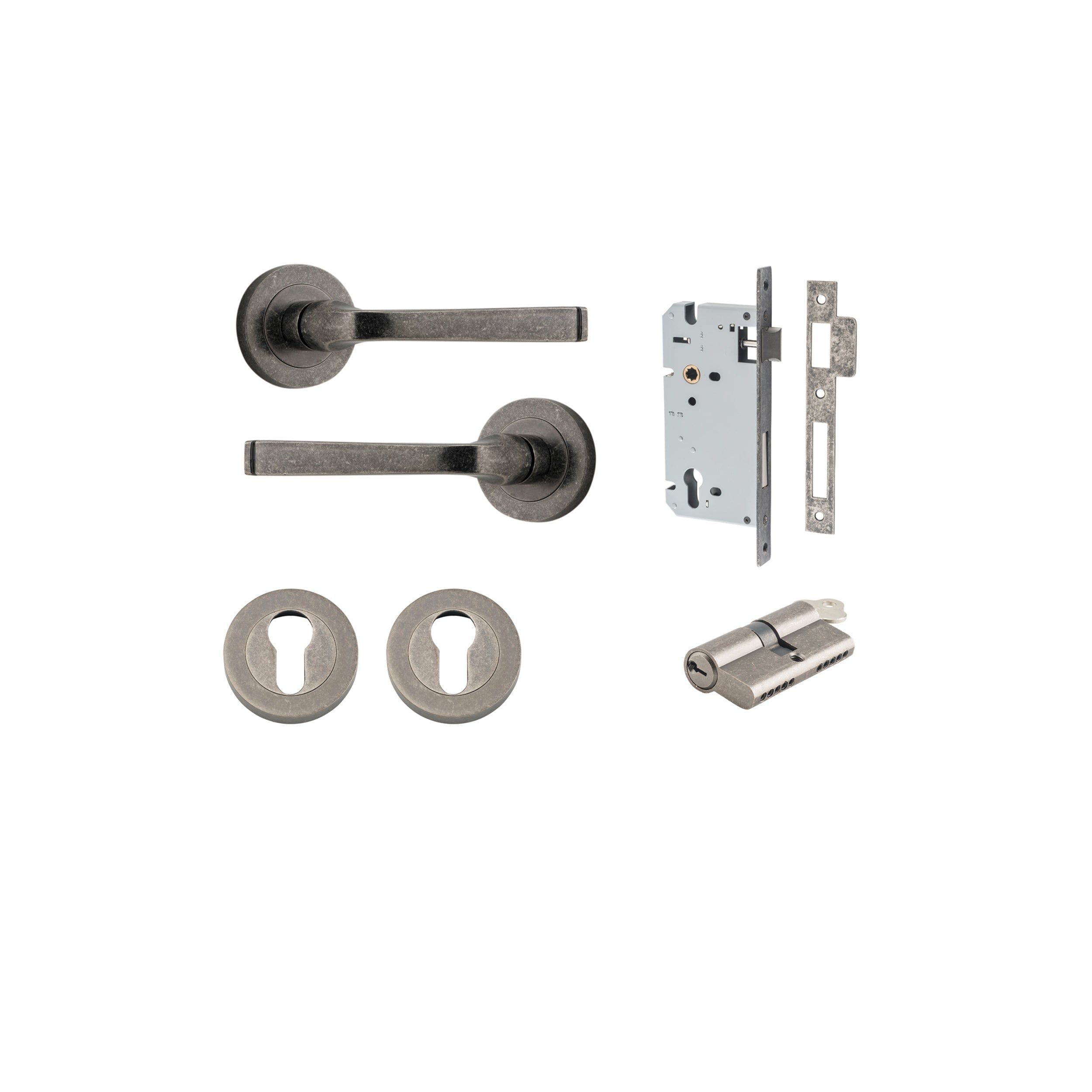 Annecy Lever on Rose Distressed Nickel Entrance Kit - Key/Key