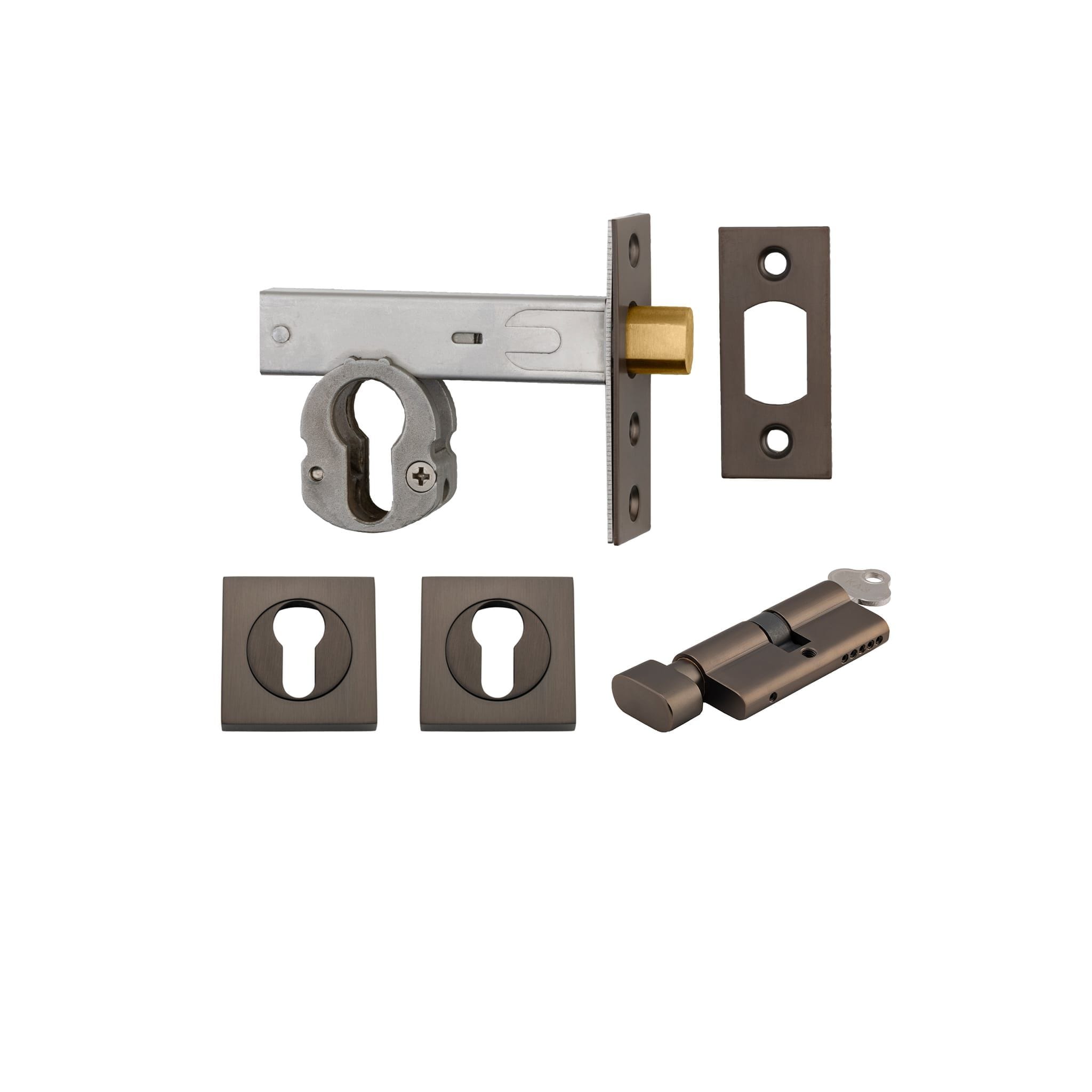 Euro Mortice Deadbolt Signature Brass Key/Thumb Escutcheon Square Kit