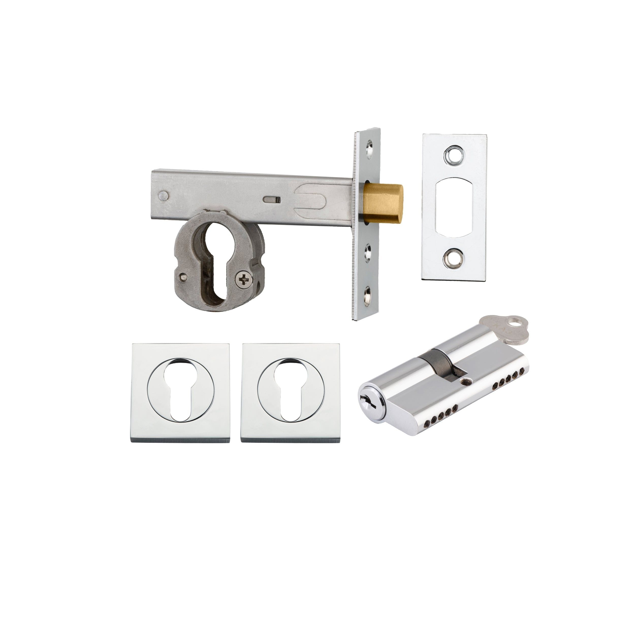 Euro Mortice Deadbolt Polished Chrome Key/Key Escutcheon Square Kit