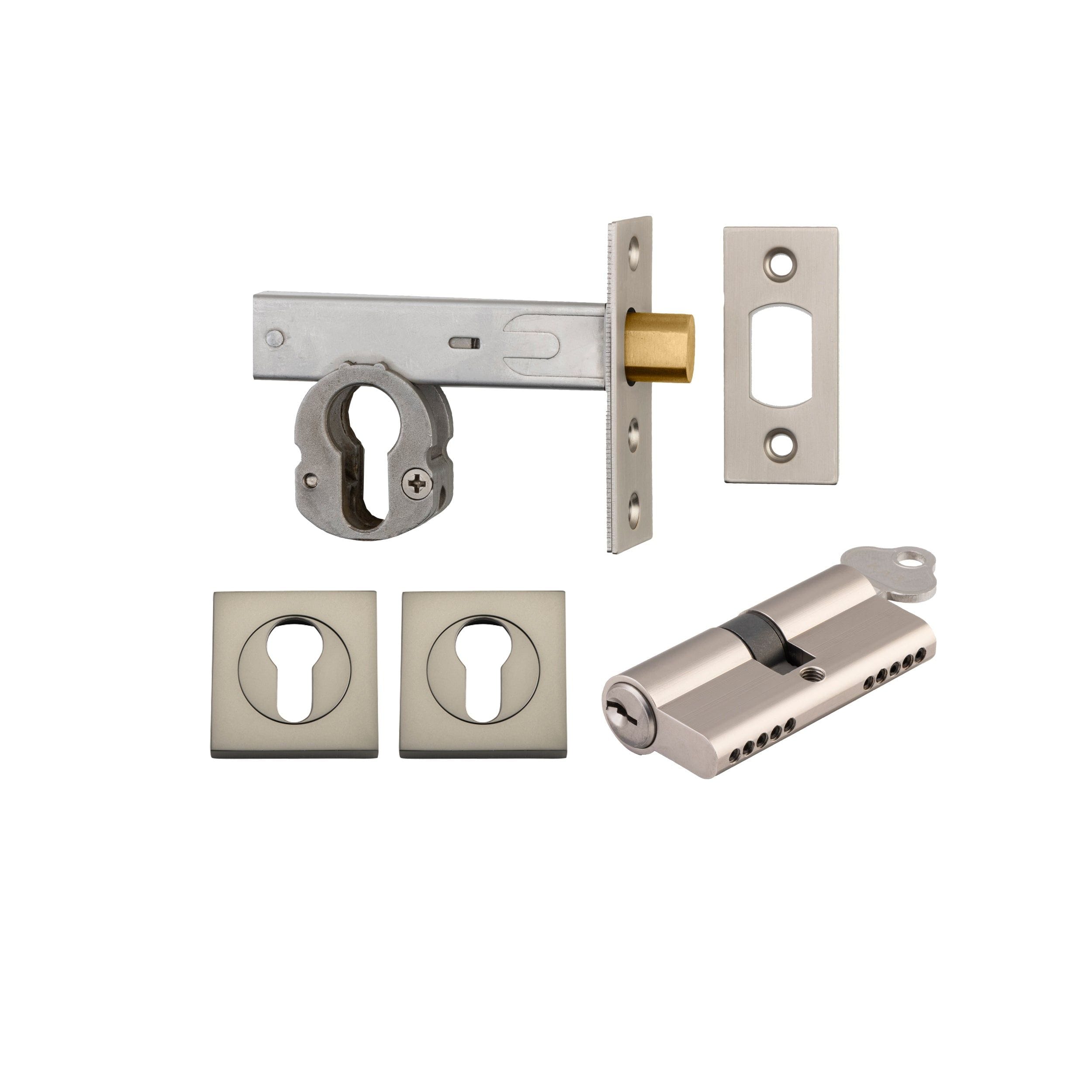 Euro Mortice Deadbolt Satin Nickel Key/Key Escutcheon Square Kit