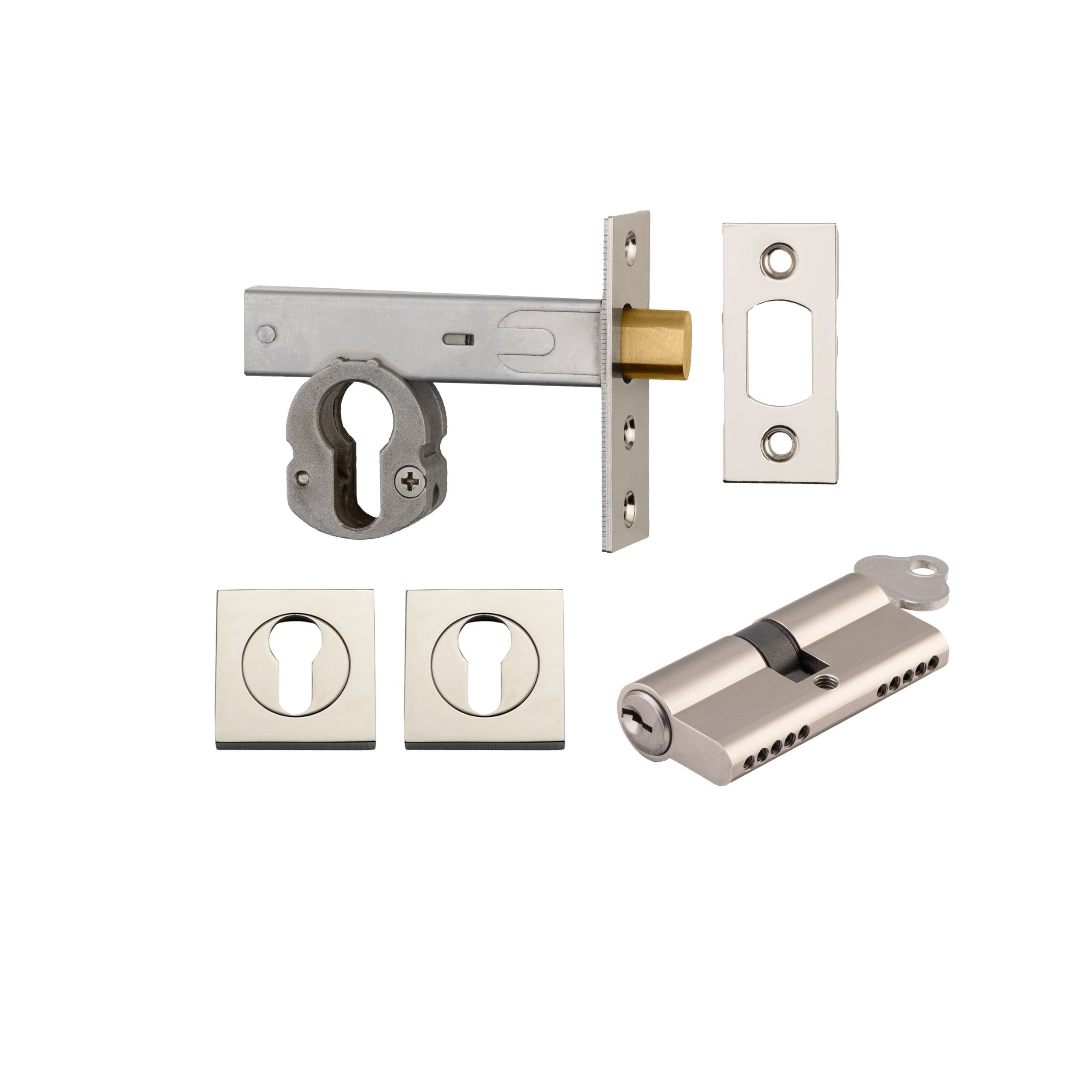 Euro Mortice Deadbolt Polished Nickel Key/Key Escutcheon Square Kit